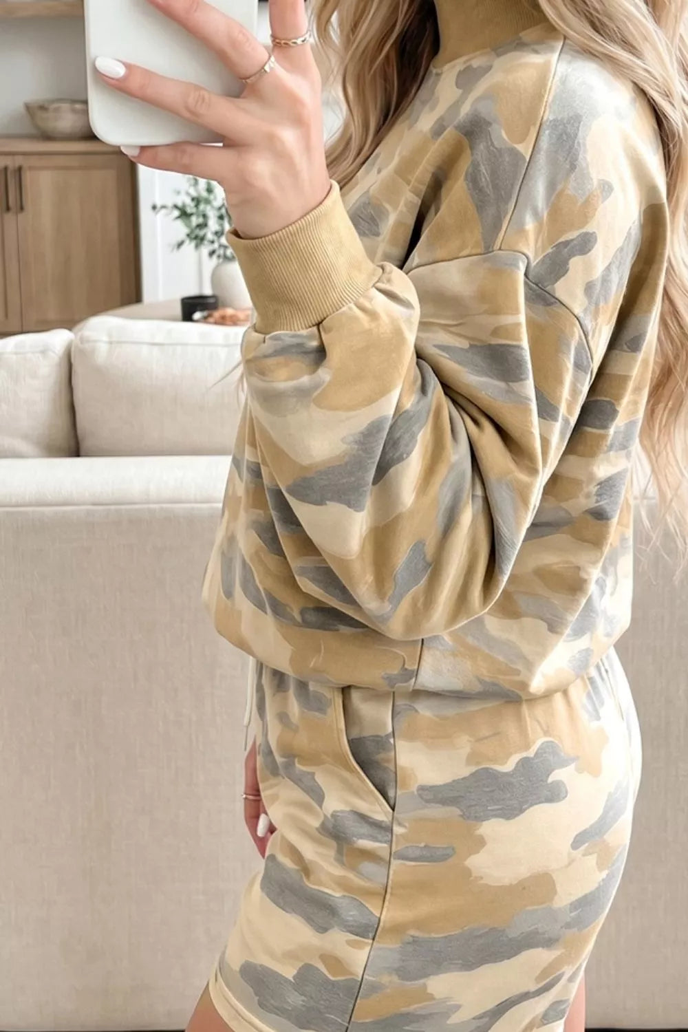 Camouflage Print Long Sleeve Top Drawstring Shorts Set