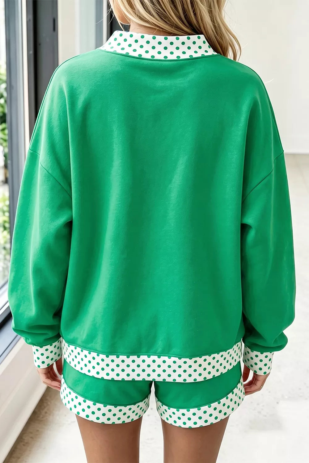 Polka Dot Trim Long Sleeve Sweatshirt and Shorts Set in Green, view 2