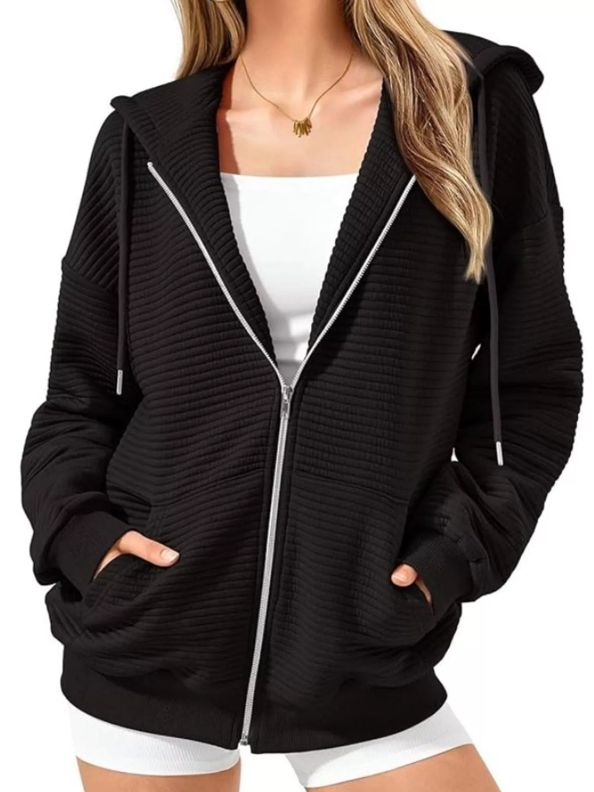 Drawstring Zip Up Dropped Shoulder Hoodie - Lilixa.store