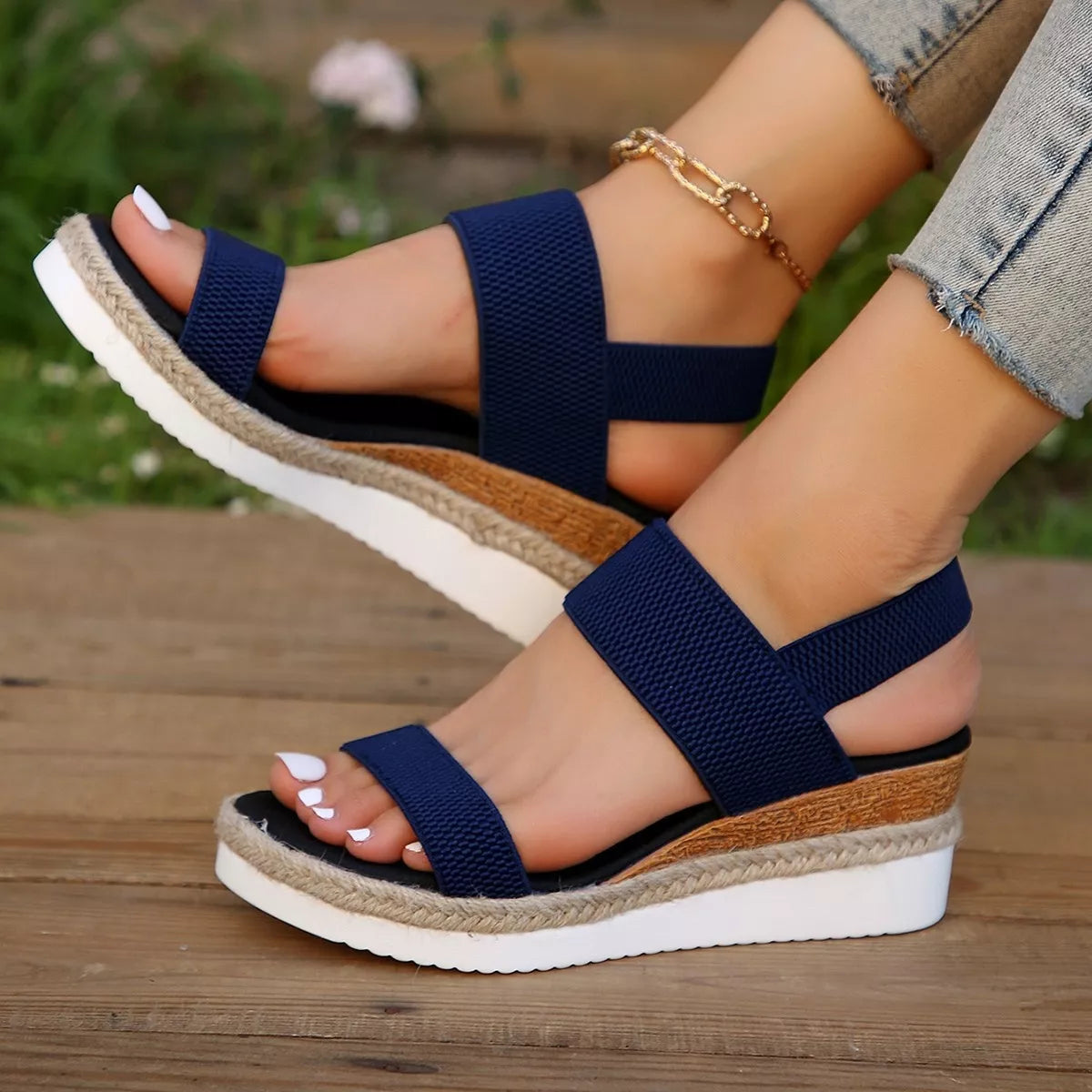 Open Toe Wedge Sandals in Blue