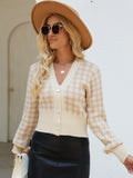 Houndstooth Button Up Long Sleeve Cardigan - Lilixa.store