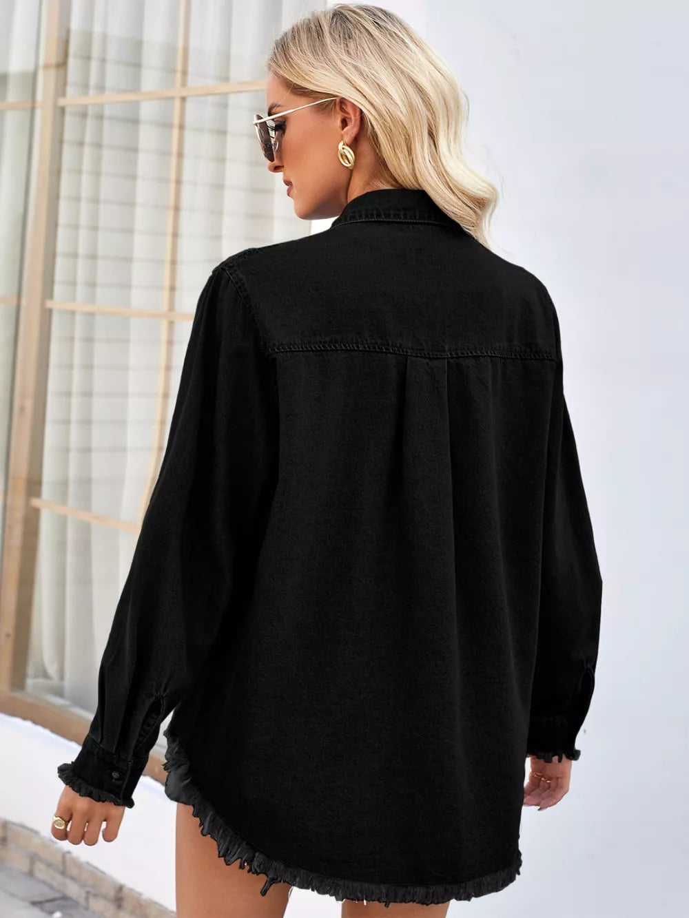 Raw Hem Button Up Long Sleeve Denim Jacket with Sequin Pockets - Lilixa.store