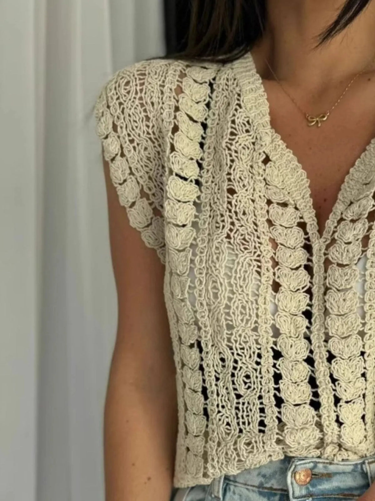 Crochet Knit V-Neck Sweater Vest, view 3
