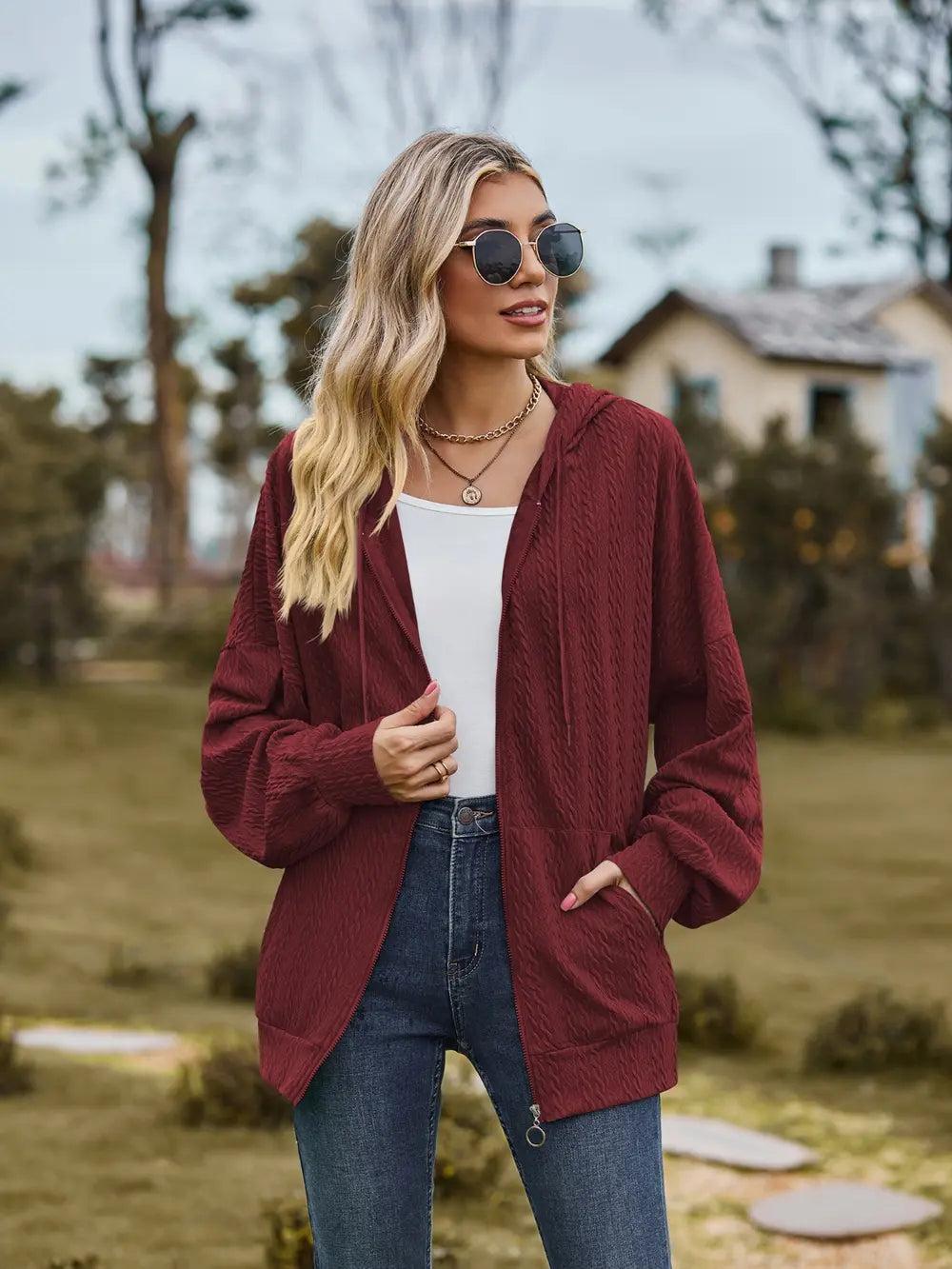 Zip Up Drawstring Long Sleeve Hooded Jacket in Wine