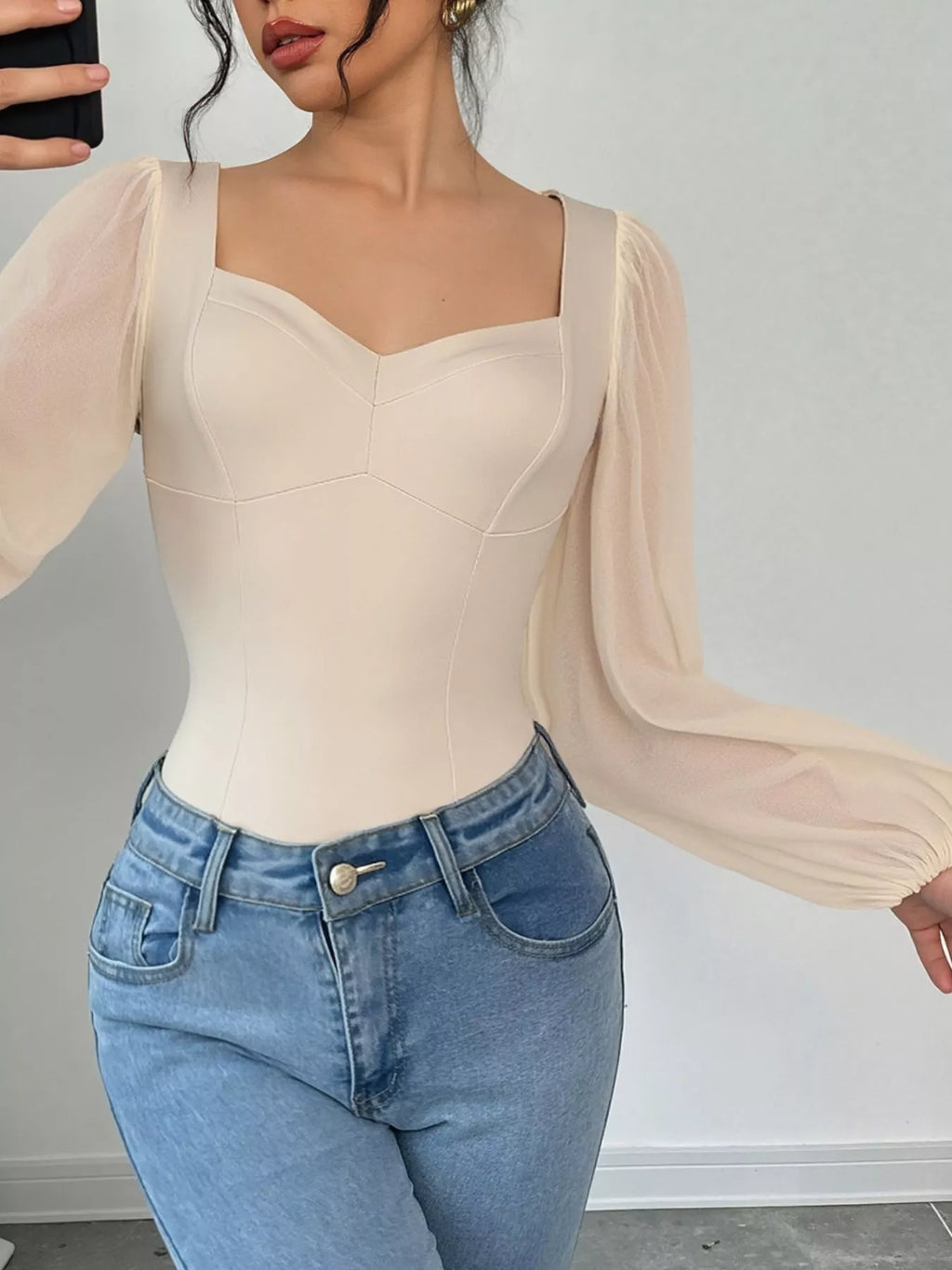 Sweetheart Neck Balloon Sleeve Bodysuit - Lilixa.store