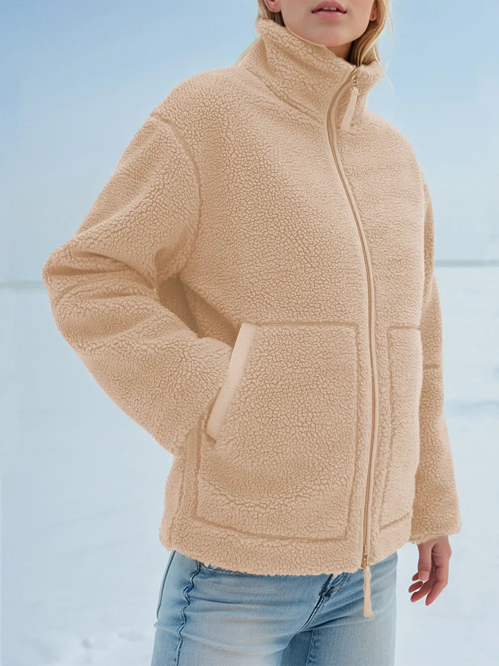 Turtleneck Zip Up Long Sleeve Plush Jacket in Tan