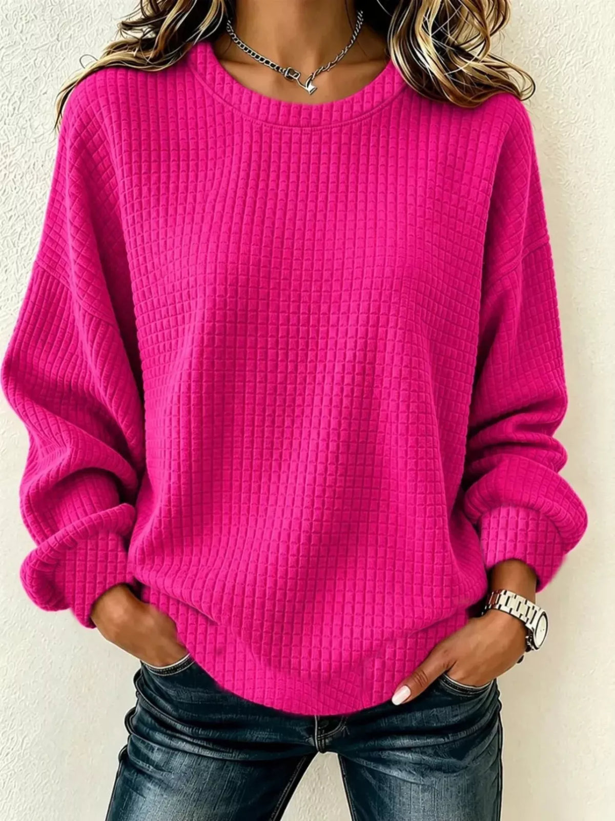 Full Size Waffle Knit Long Sleeve Crew Neck Sweatshirt Plus Size - Lilixa.store