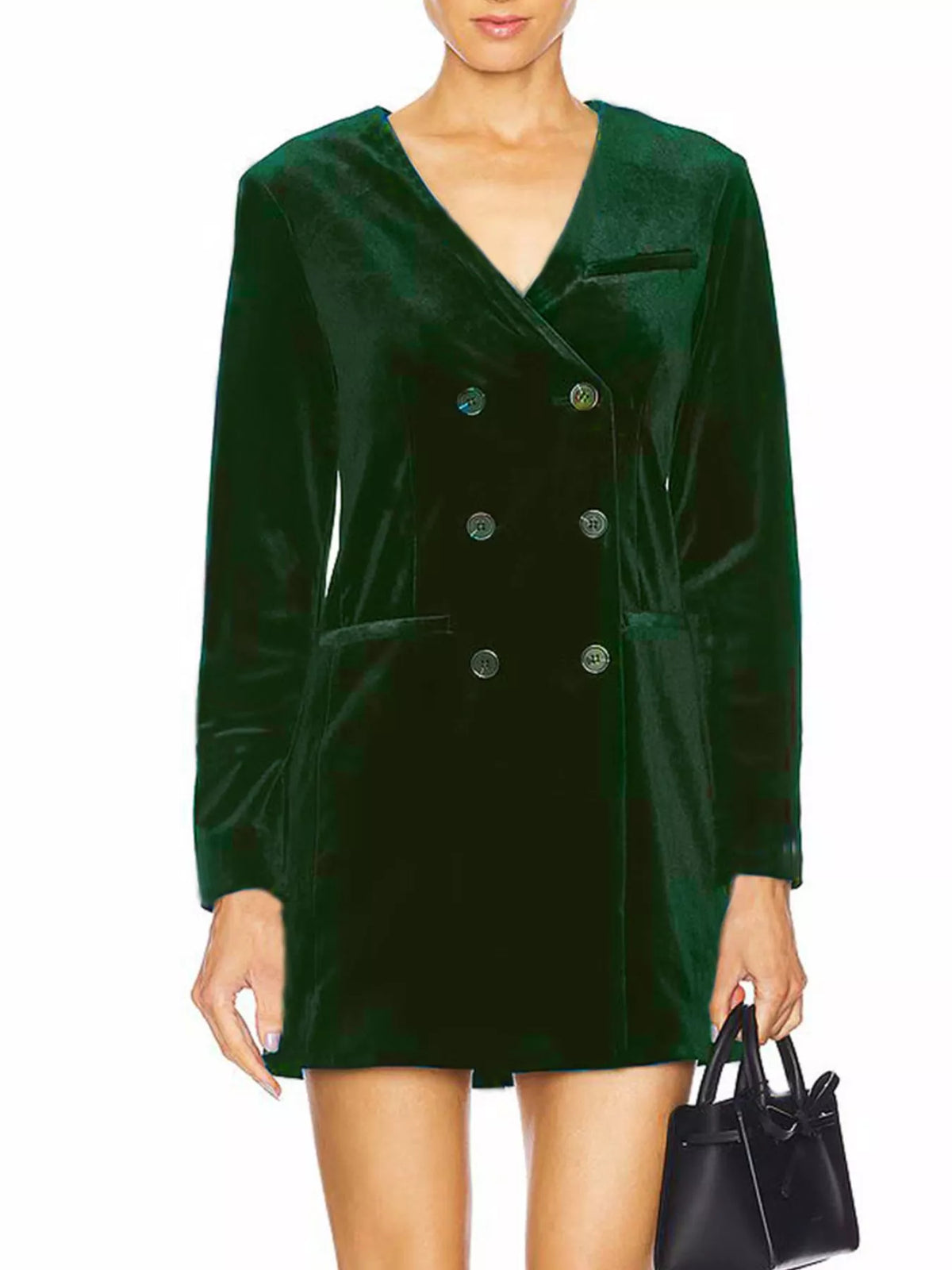 Velvet Double-Breasted Blazer Dress in Dark Green