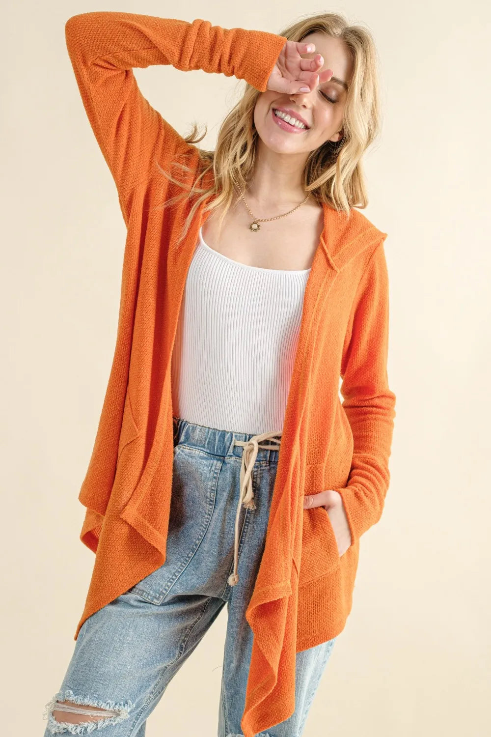And The Why Full Size Thermal Hooded Open Front Cardigan with Pockets in Dusty Coral, view 3