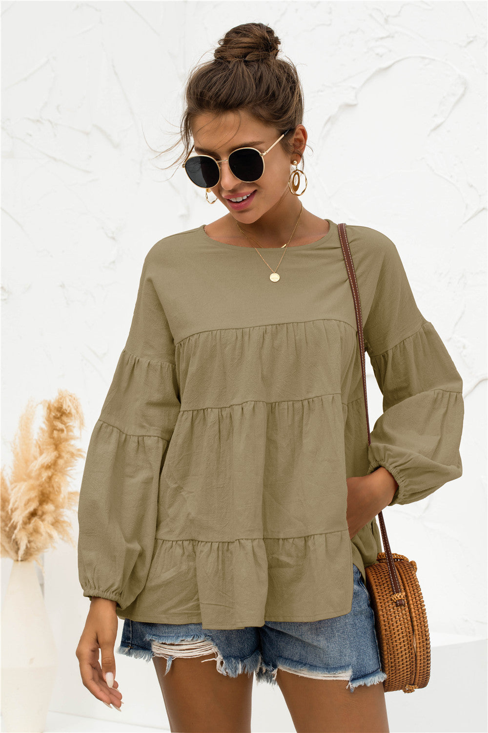 Round Neck Bubble Sleeve Tiered Blouse, view 9