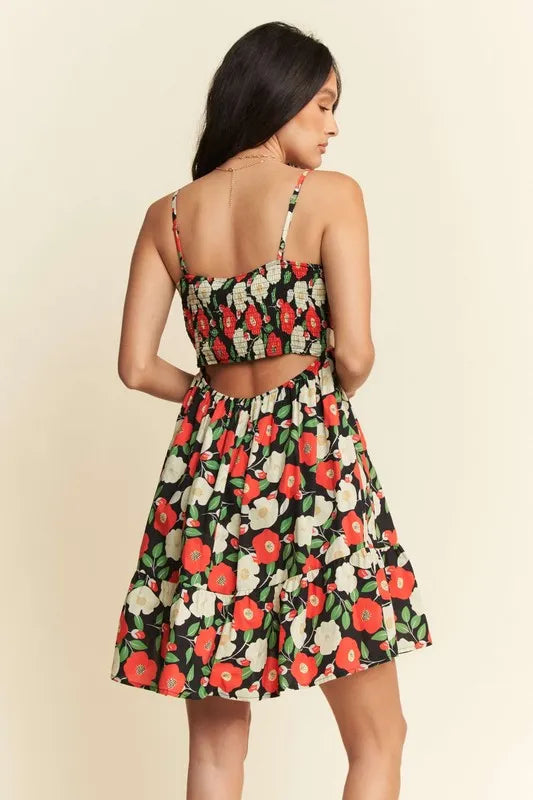 Davi & Dani Floral Scalloped Cutout Back Mini Dress - Lilixa.store