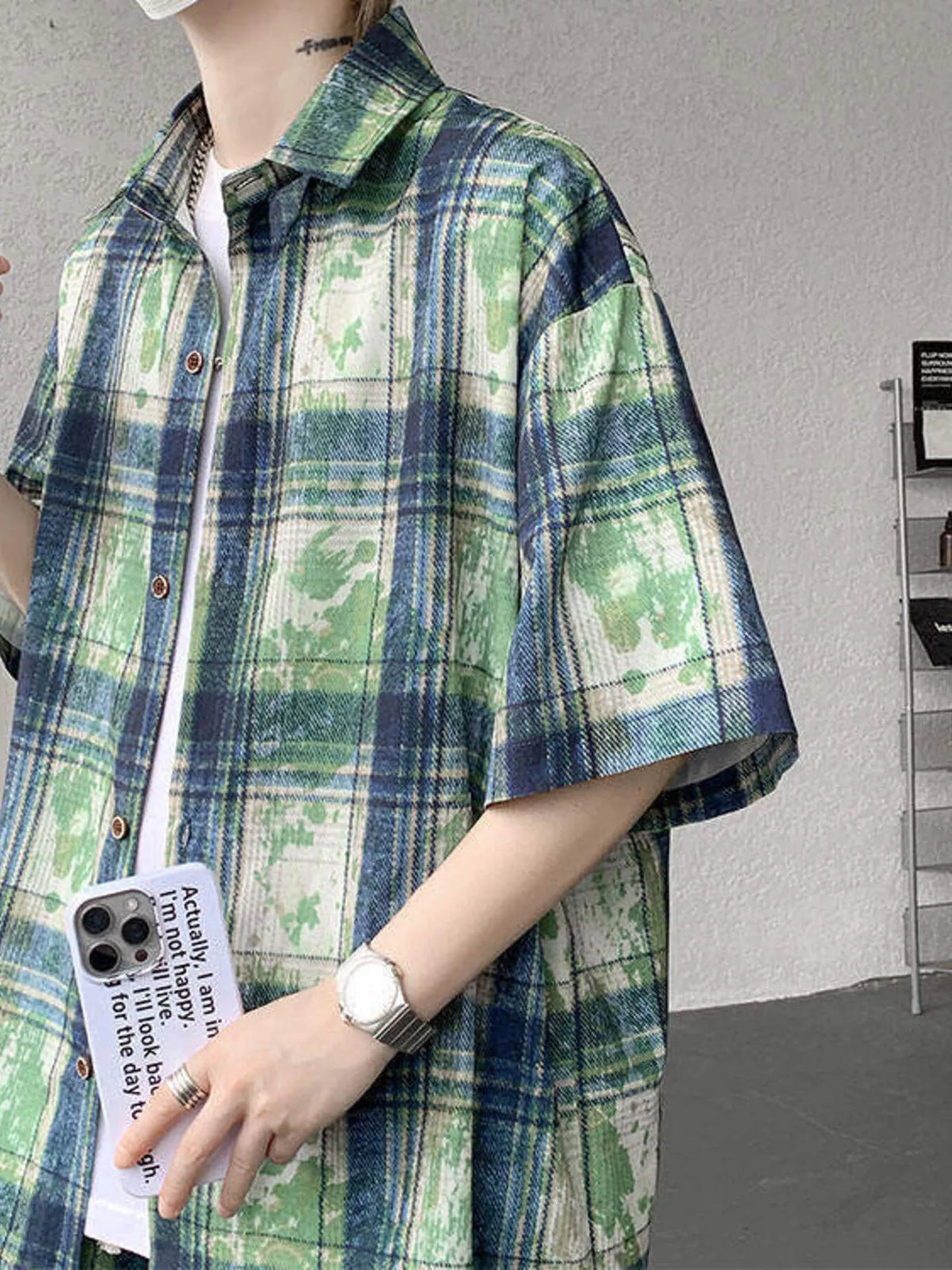 Men's Plus Size Casual Plaid Print Shirt & Shorts Set, view 7