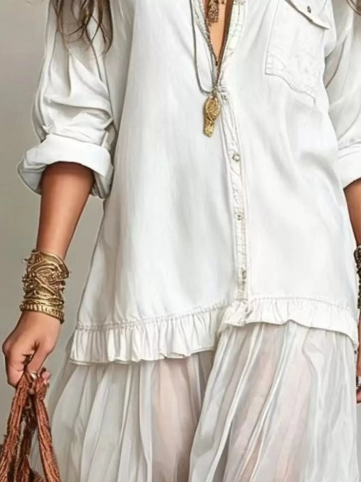 Full Size Tiered Long Sleeve Denim Shirt Maxi Dress Plus Size - Lilixa.store