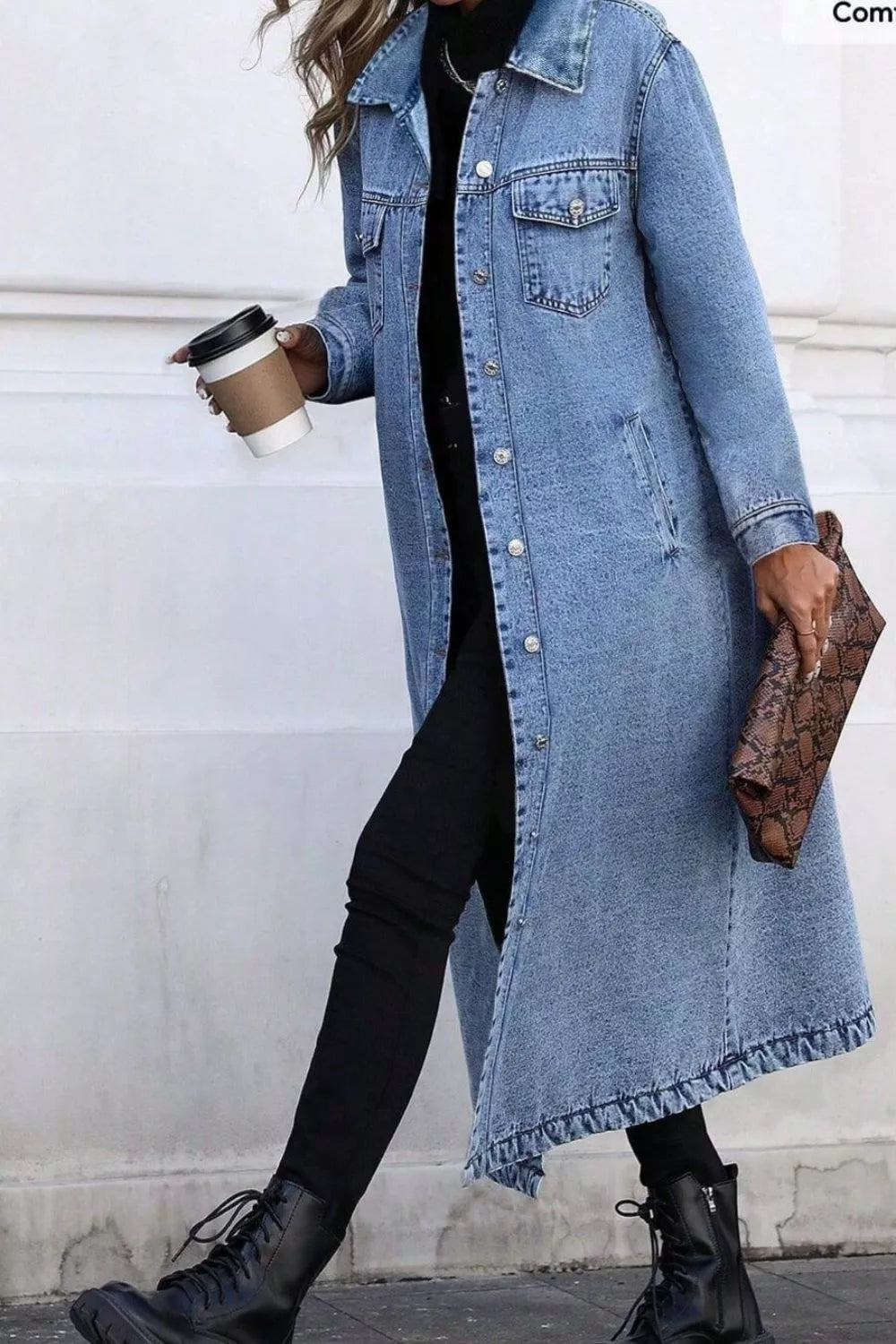 Longline Button-Front Denim Jacket, view 4