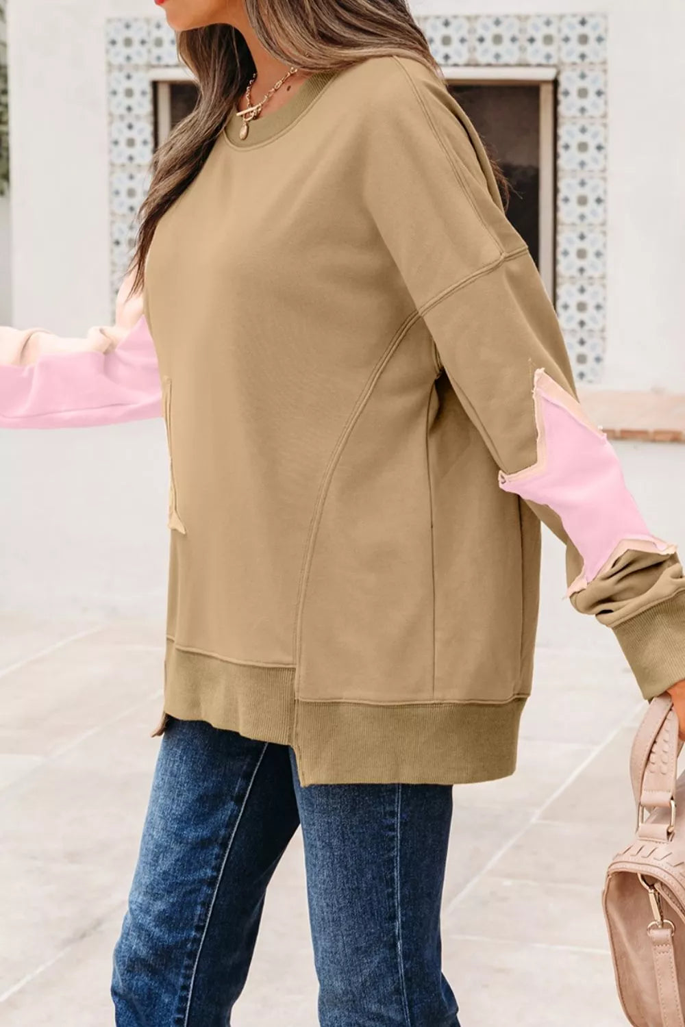 Star Patch Crew Neck Sweatshirt in Tan, view 7