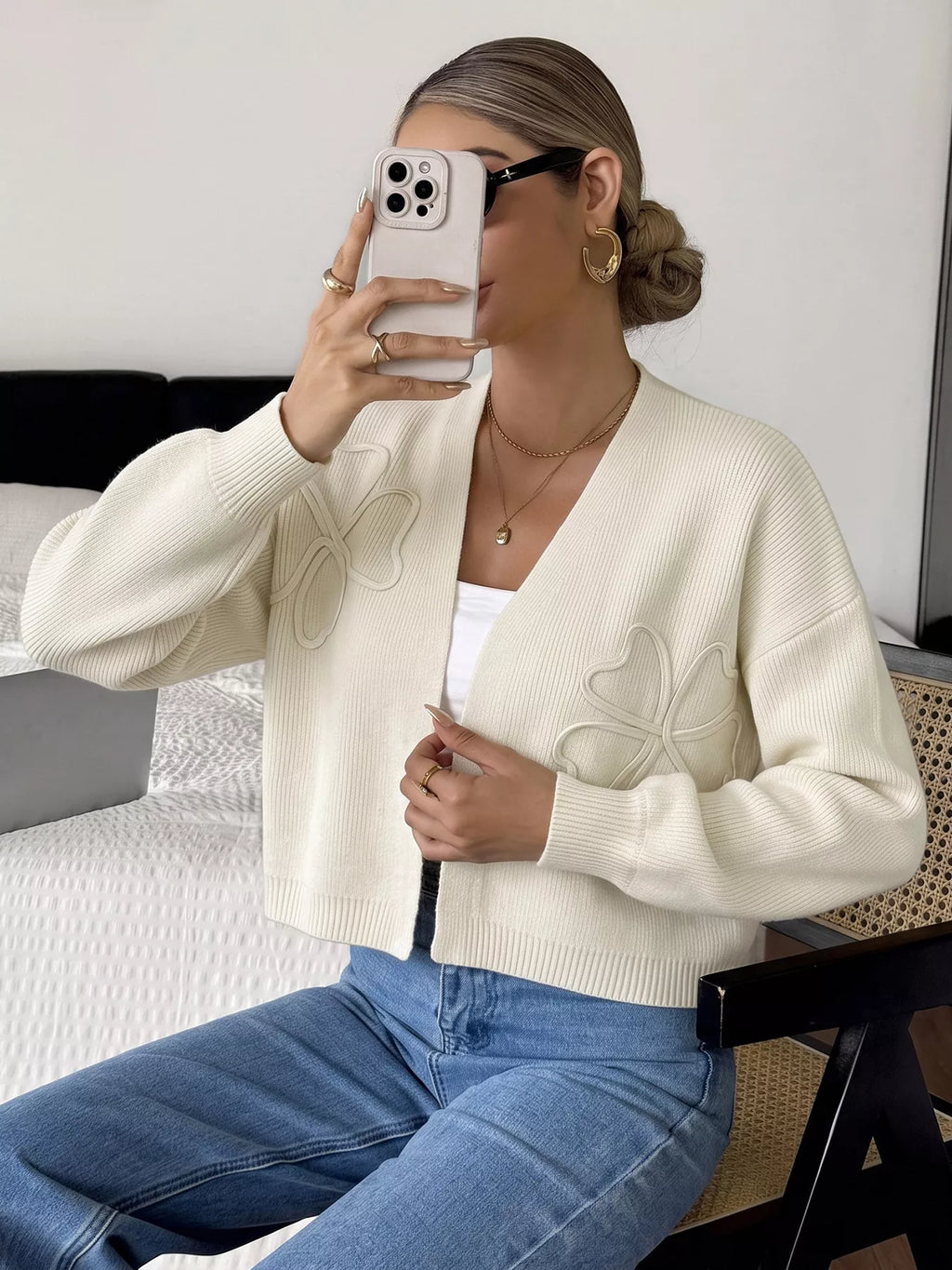 Four-Leaf Clover Open Front Cardigan - Lilixa.store