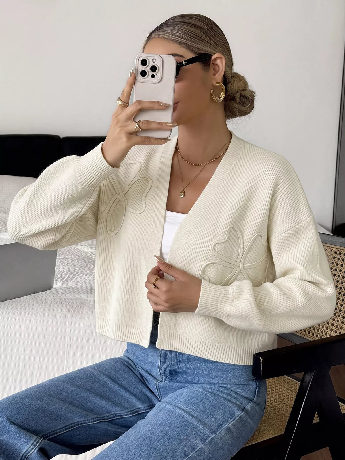 Four-Leaf Clover Open Front Cardigan - Lilixa.store