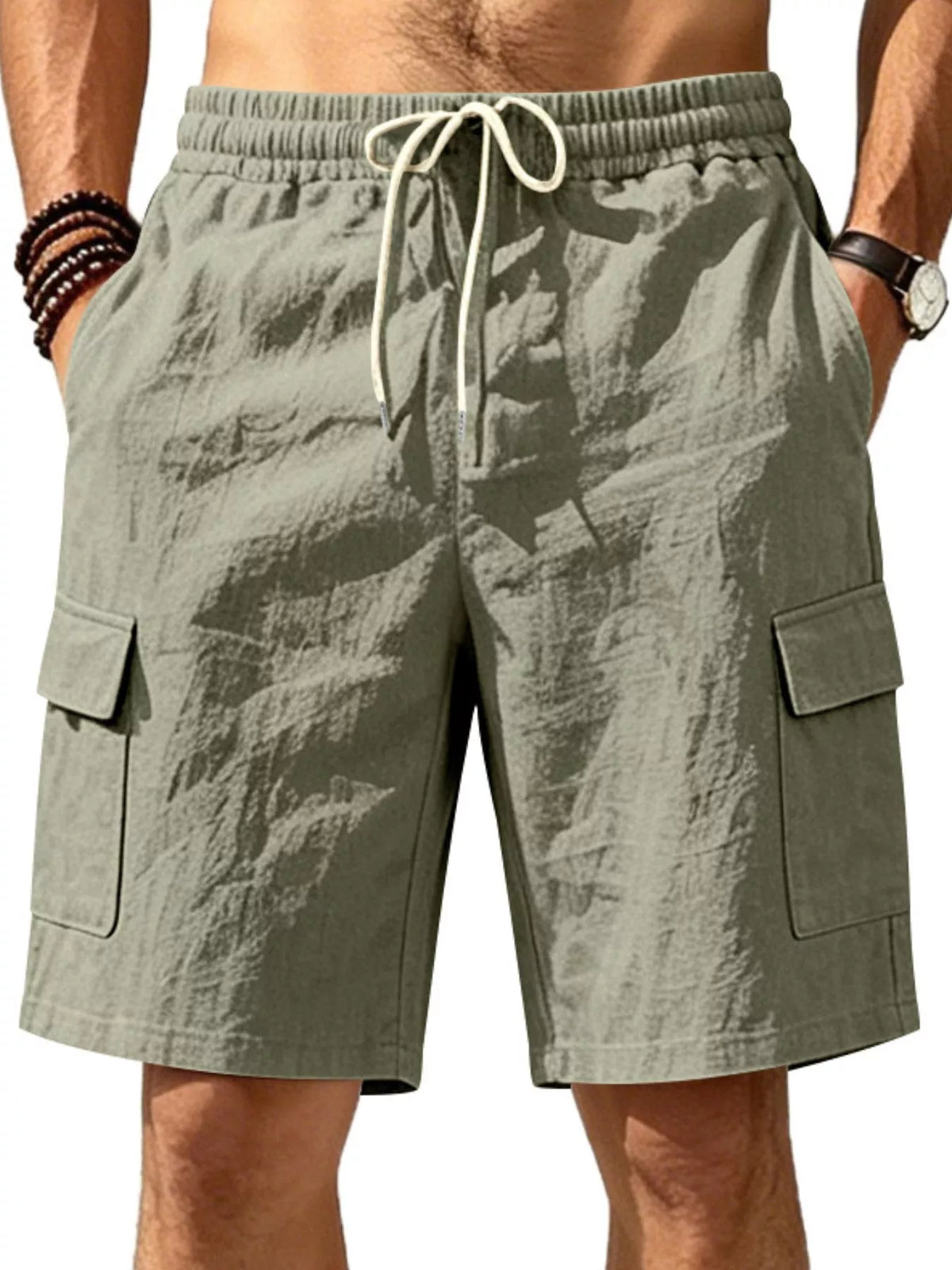 Men's Plus Size Casual Cargo Shorts with Drawstring Waist in Military Green
