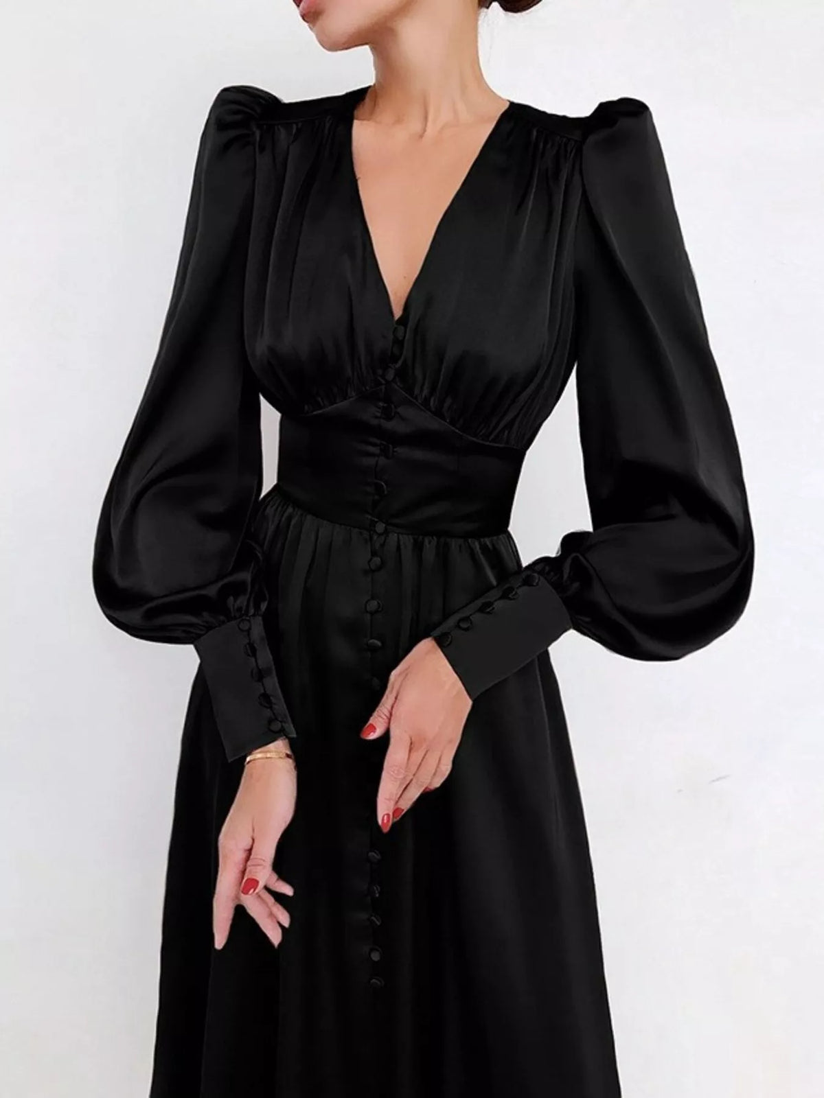 V-Neck Lantern Sleeve Midi Dress in Black