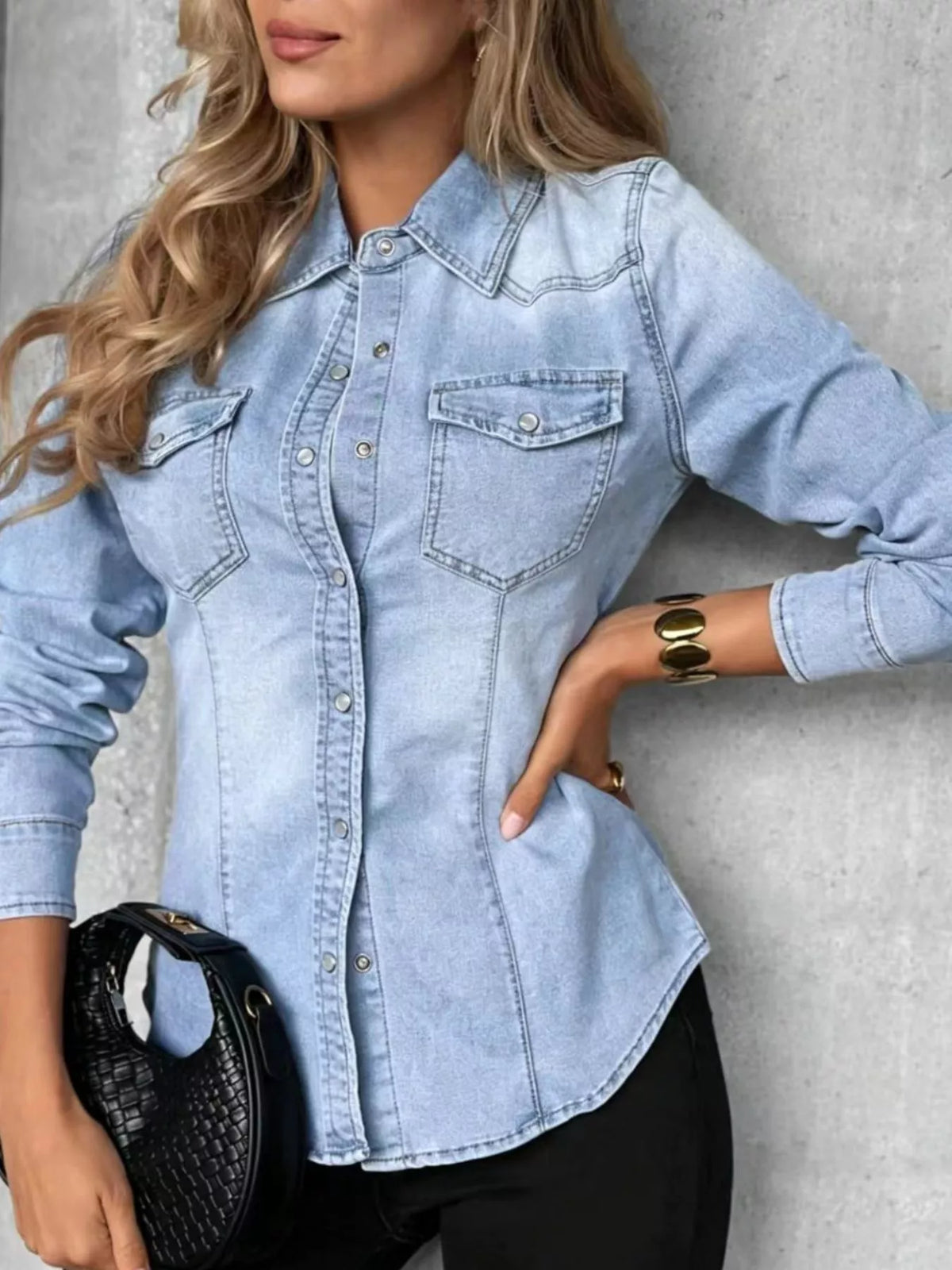 Snap Down Slim-Fit Denim Shirt