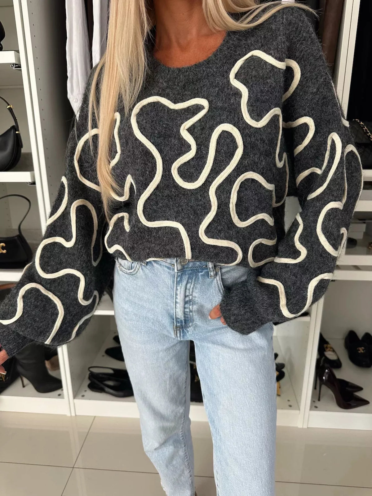 Abstract Pattern Oversized Round Neck Sweater, view 7