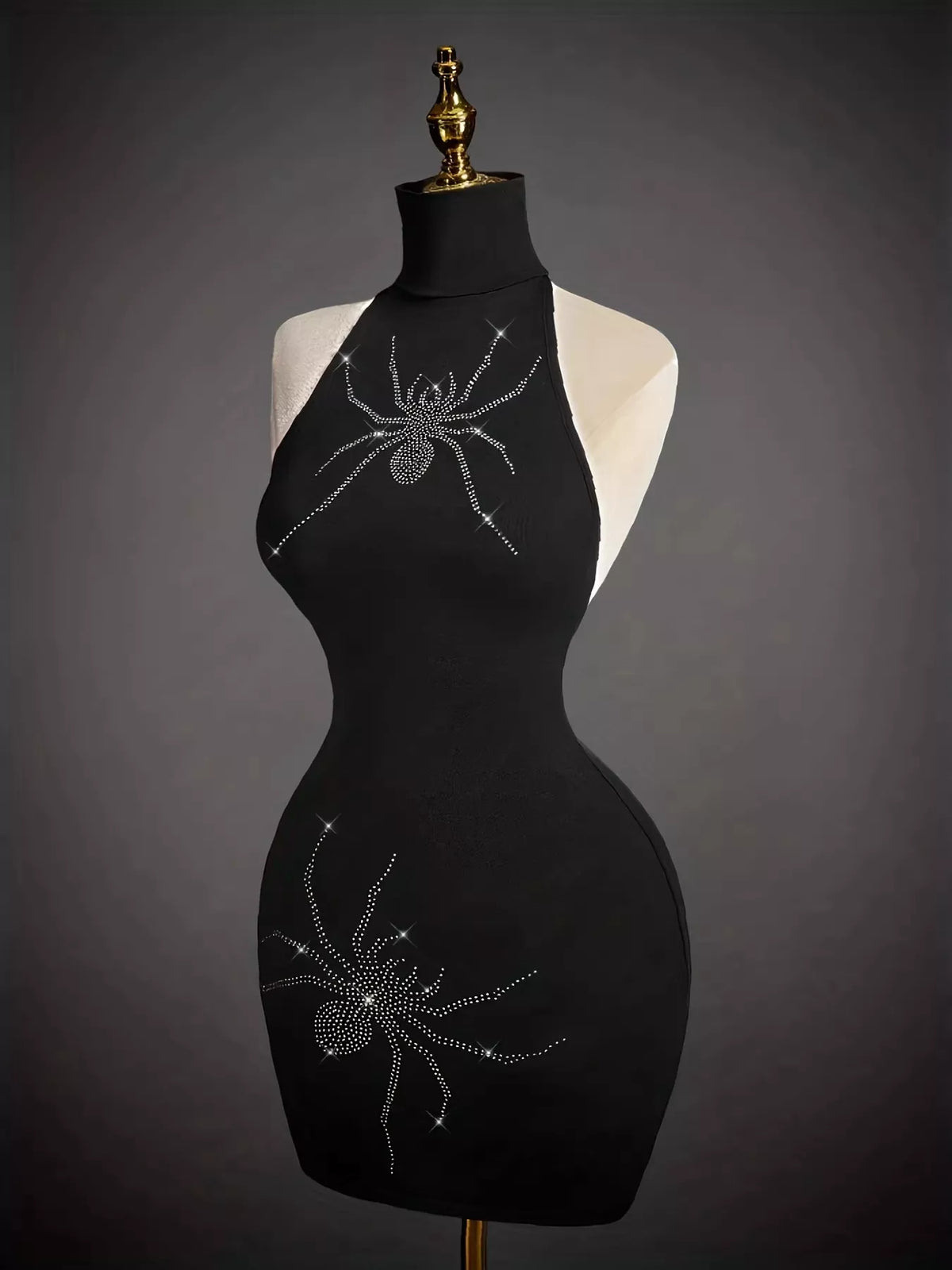 Rhinestone Spider Halter Neck Bodycon Dress - Lilixa.store