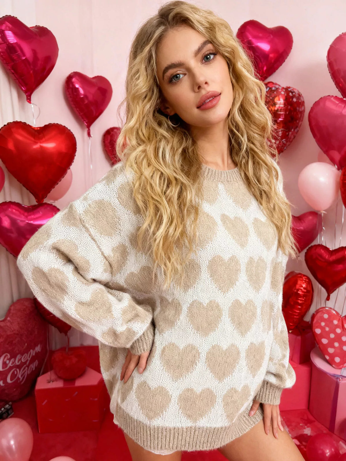 Heart Pattern Dropped Shoulder Sweater, view 6