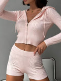 Cable Knit Zip-Up Hooded Top and Shorts Lounge Set - Lilixa.store