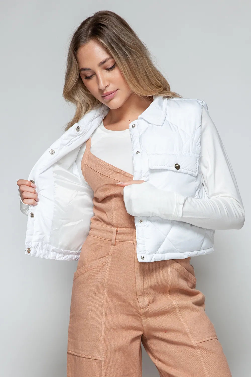 Snobbish Snap Down Quilted Crop Vest in White, view 5