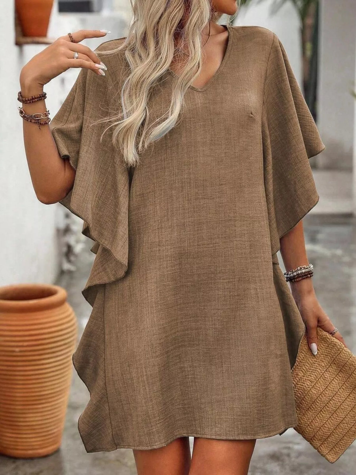 Ruffled Flutter Sleeve V-Neck Mini Dress - Lilixa.store