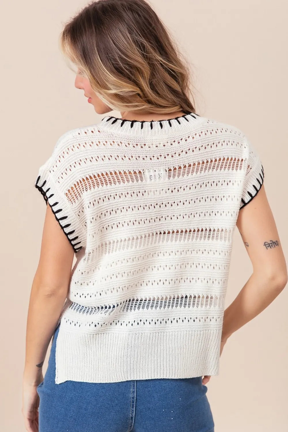 BiBi Stitch Edge Pointelle Side Slit Sweater Vest in Ivory/Black, view 2