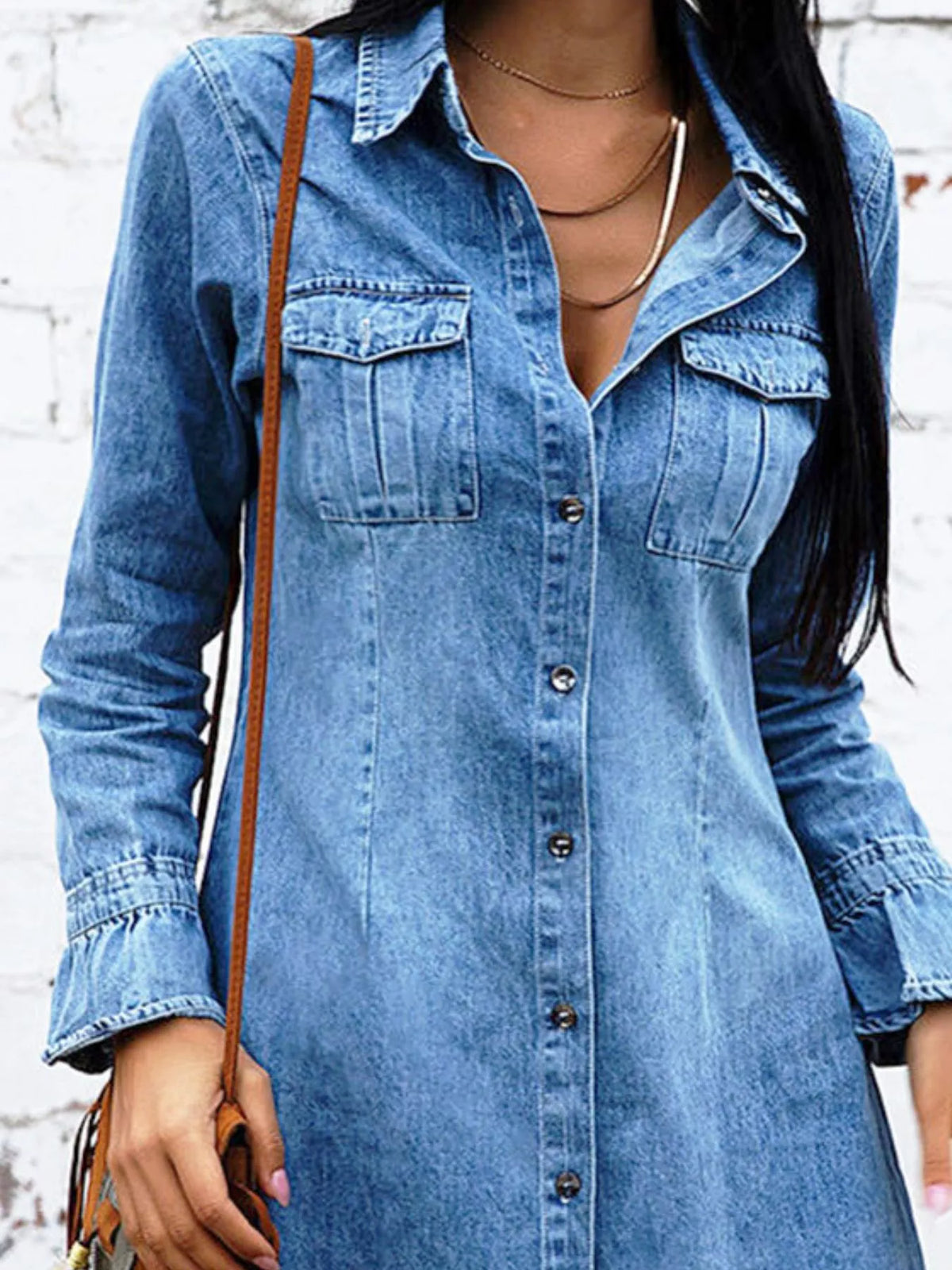 Button Front Long Sleeve Denim Dress - Lilixa.store