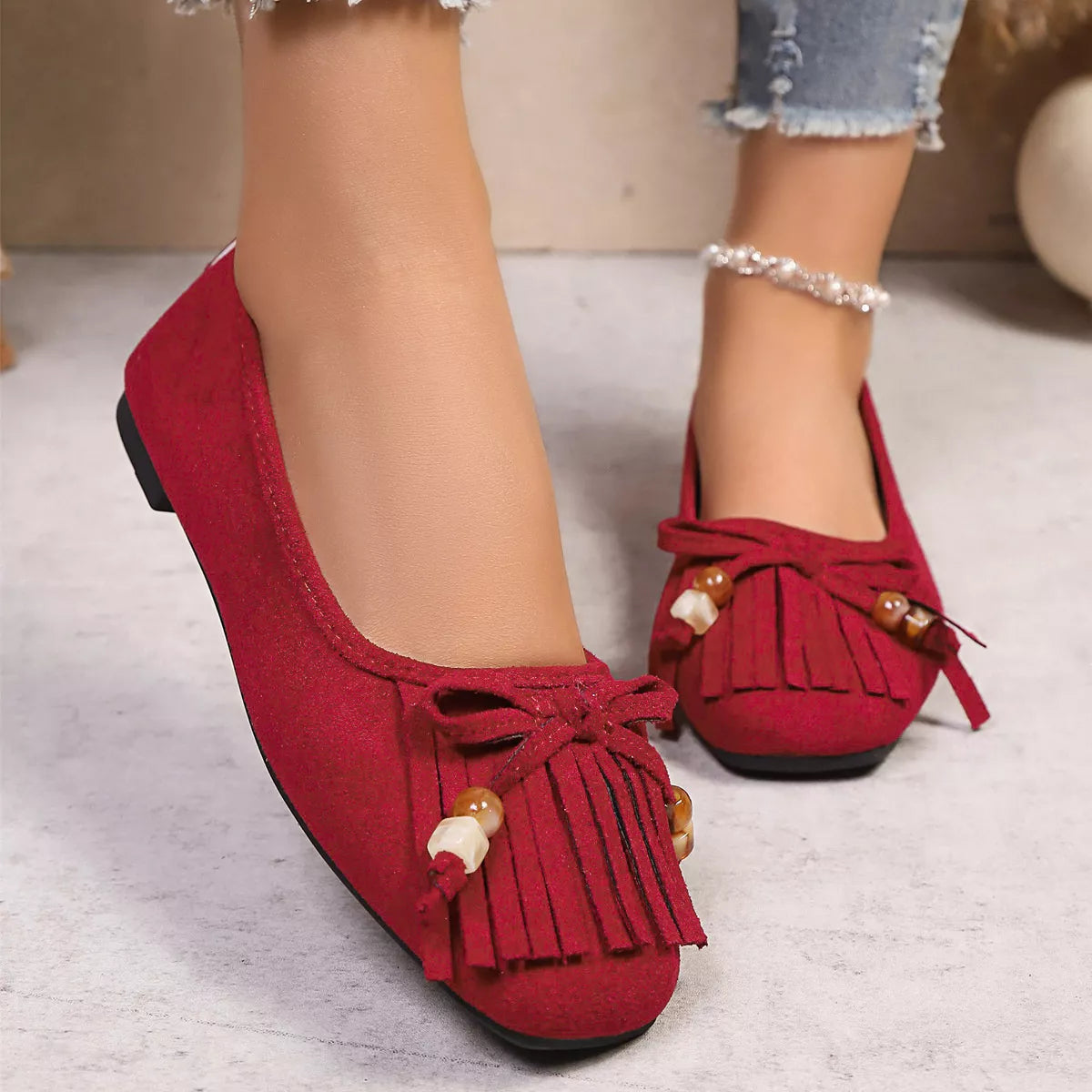 Suede Fringe Slip-Ons, view 7