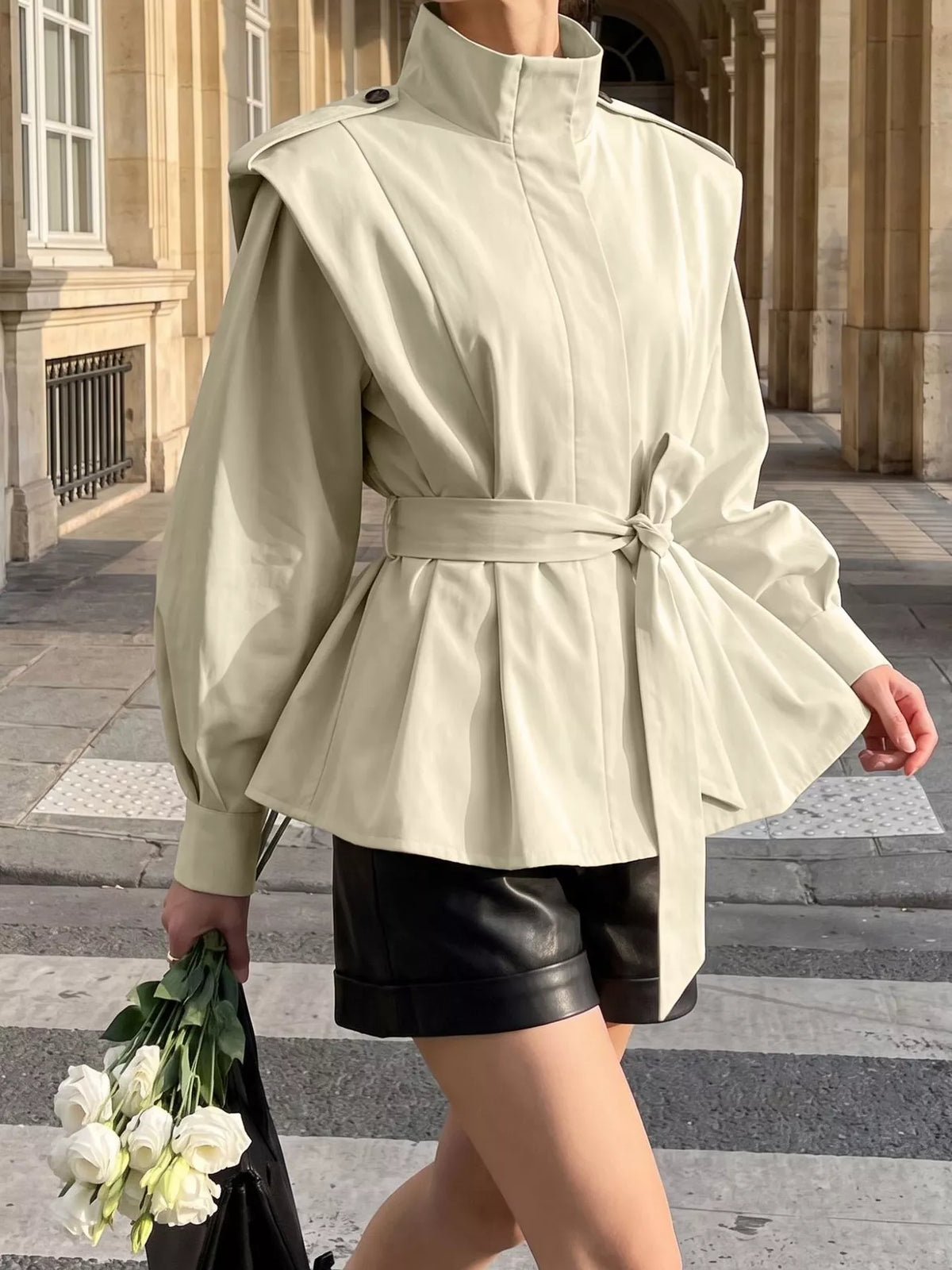 Stand-Collar Belted Outerwear - Lilixa.store