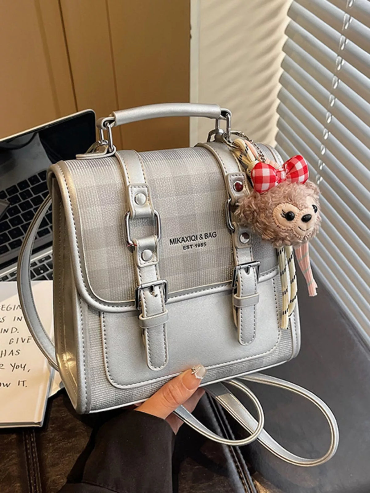 Plaid Backpack Bag with Charm - Lilixa.store