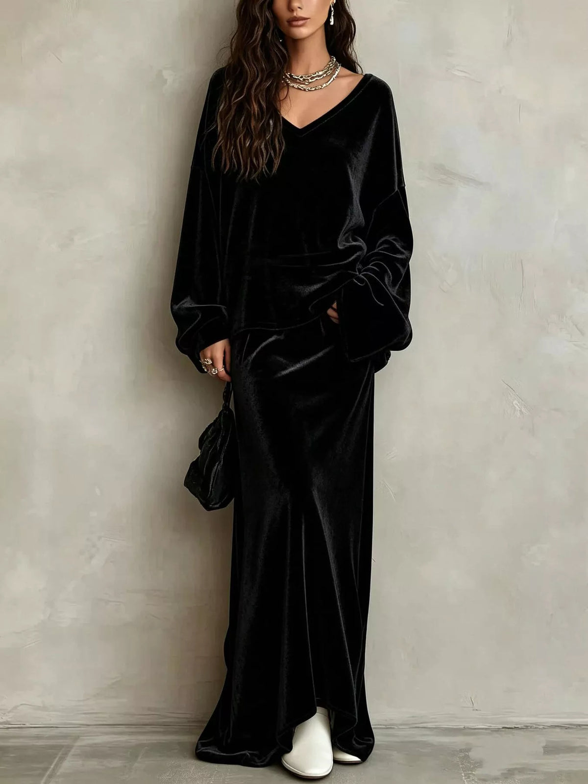 V-Neck Velvet Long Sleeve Top and Maxi Skirt Two-Piece Set