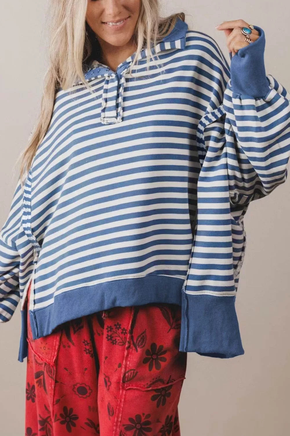 Stripe Color Block Trim Raw Seam Split Hem Loose Sweatshirt - Lilixa.store