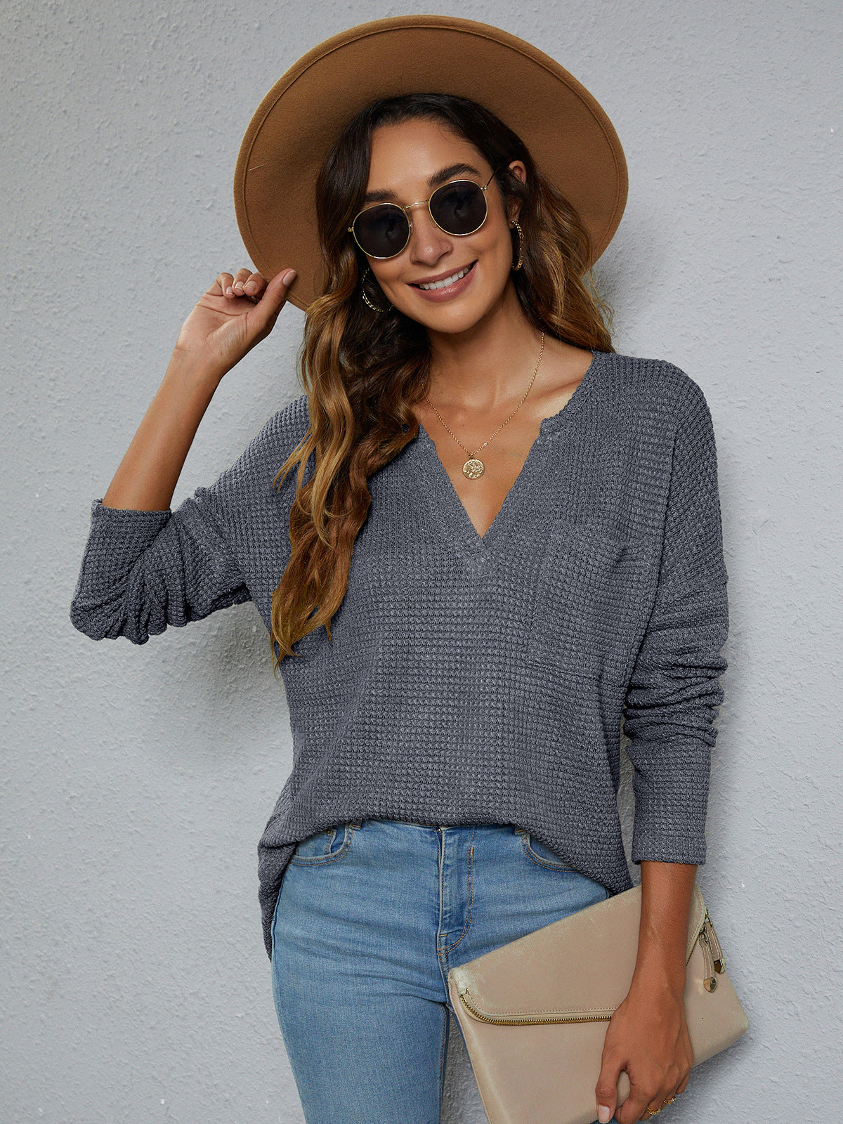 Dropped Shoulder High-Low Waffle-Knit Top in Dark Gray