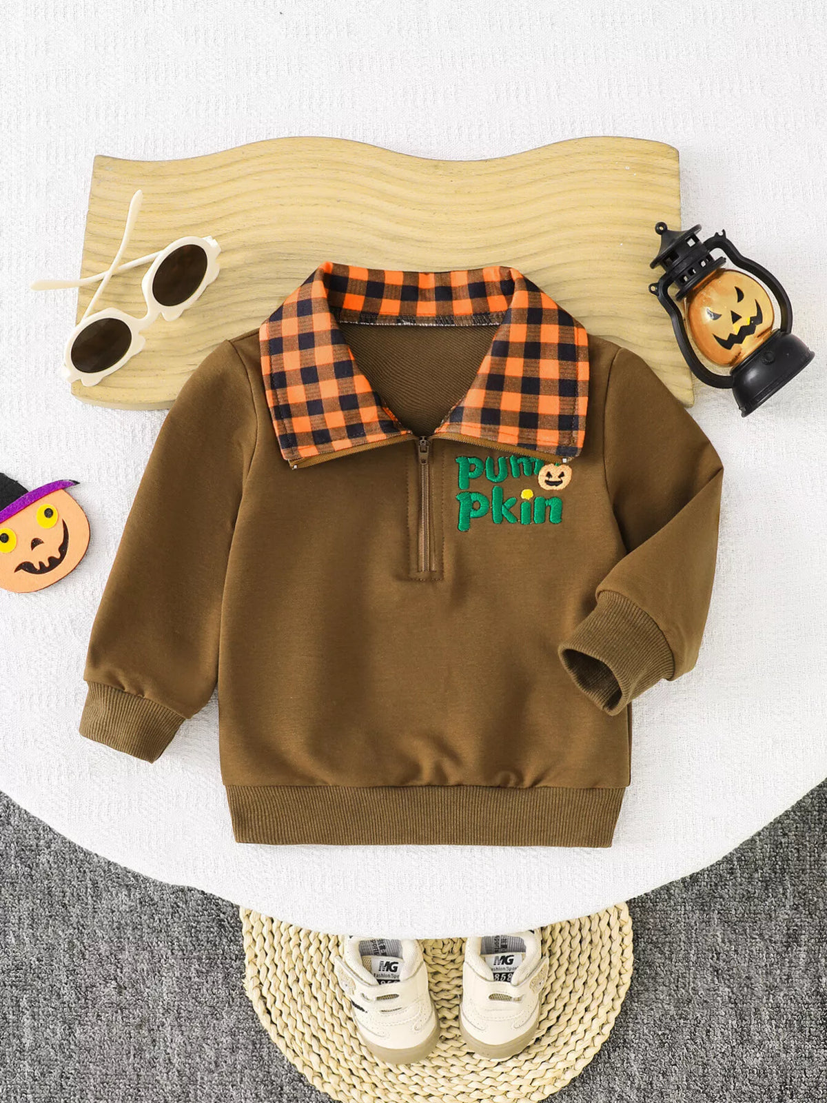 Children's Pumpkin Quarter-Zip Plaid Collar Sweatshirt - Lilixa.store
