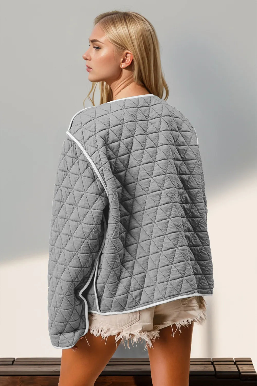 Double Take Contrast Trim Tie Front Quilted Jacket with Pockets in Gray, view 2