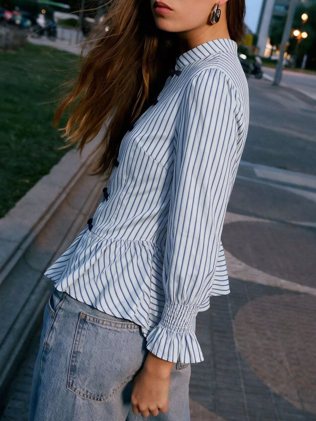 Striped Mandarin Knot Buttons Peplum Hem Shirt - Lilixa.store