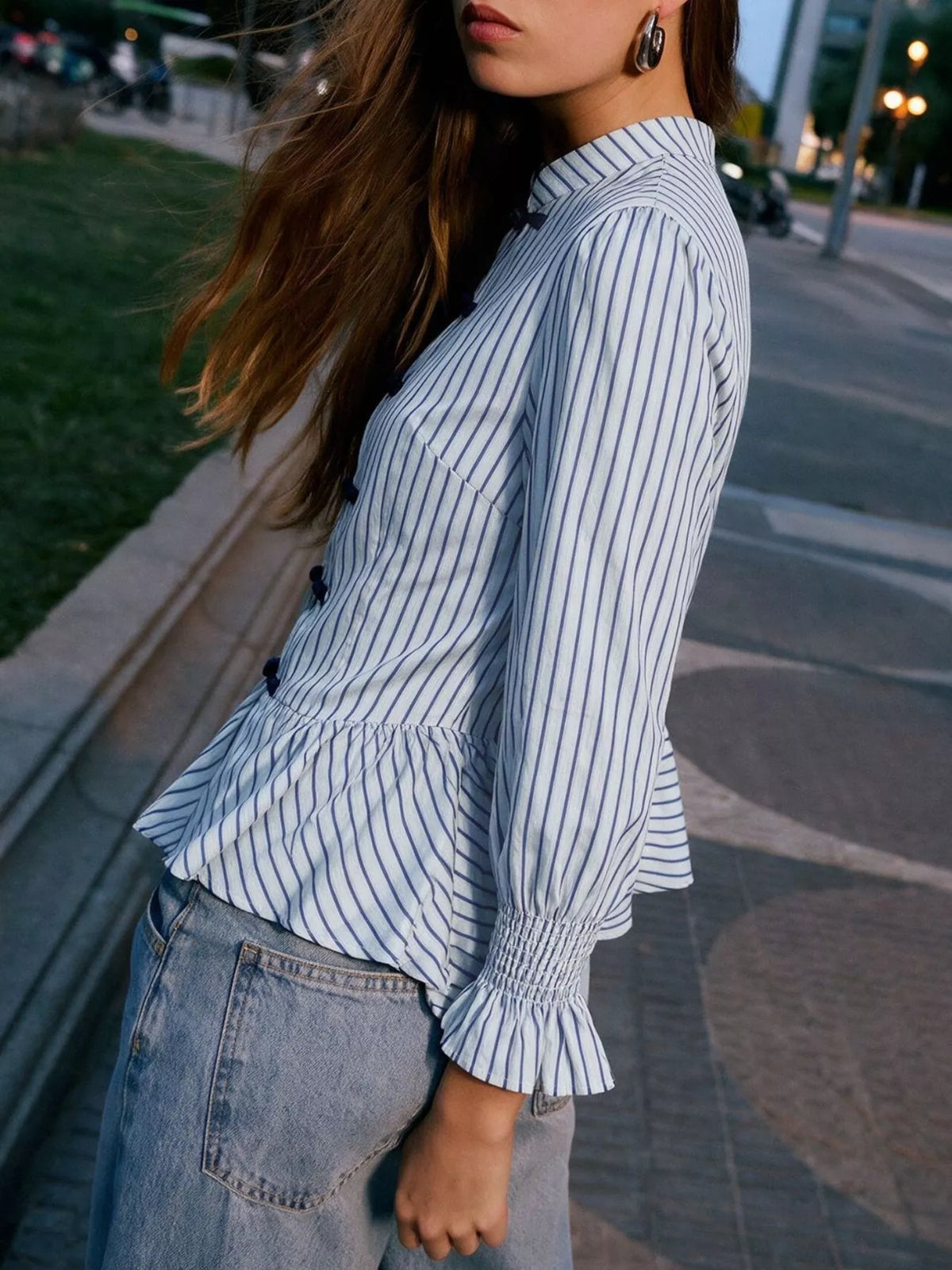 Striped Mandarin Knot Buttons Peplum Hem Shirt - Lilixa.store