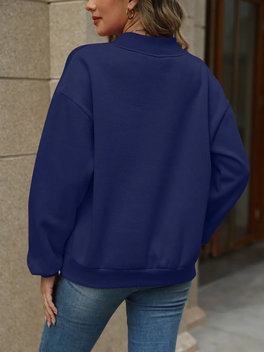 V-Neck Long Sleeve Dropped Shoulder Sweatshirt - Lilixa.store