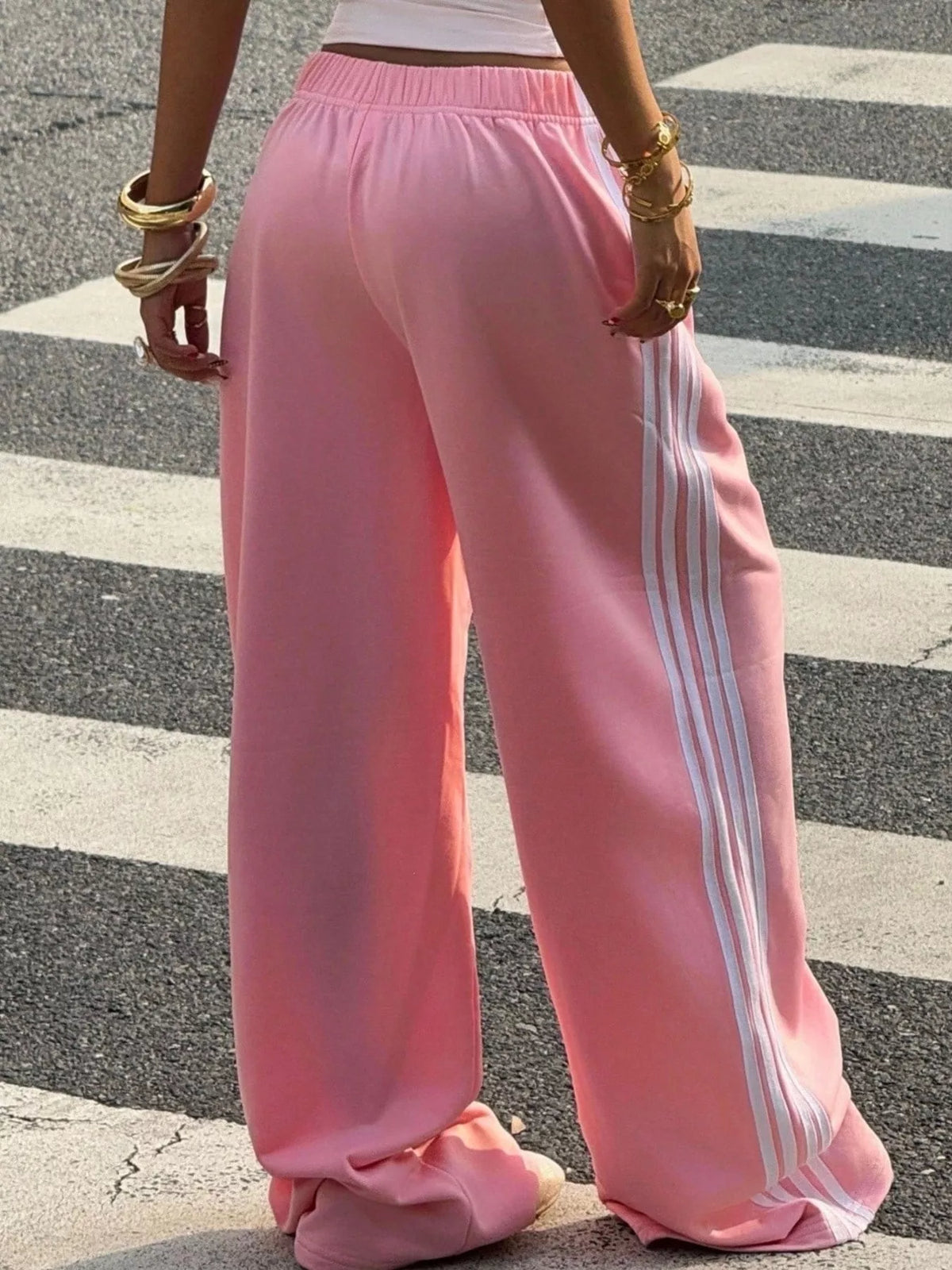 High-Waisted Wide-Leg Track Pants with Side Stripes, view 5