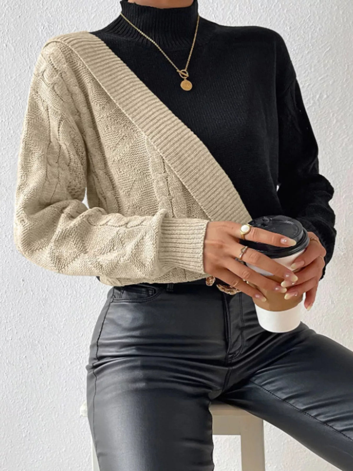 Color Block Cable Knit Mock Neck Sweater - Lilixa.store