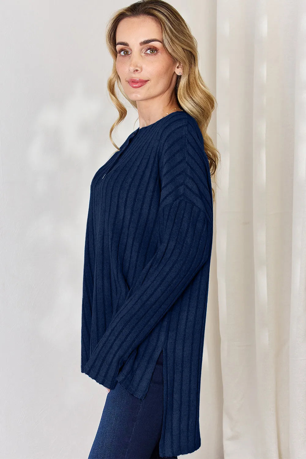 Basic Bae Full Size Ribbed Half Button Long Sleeve High-Low T-Shirt - Lilixa.store