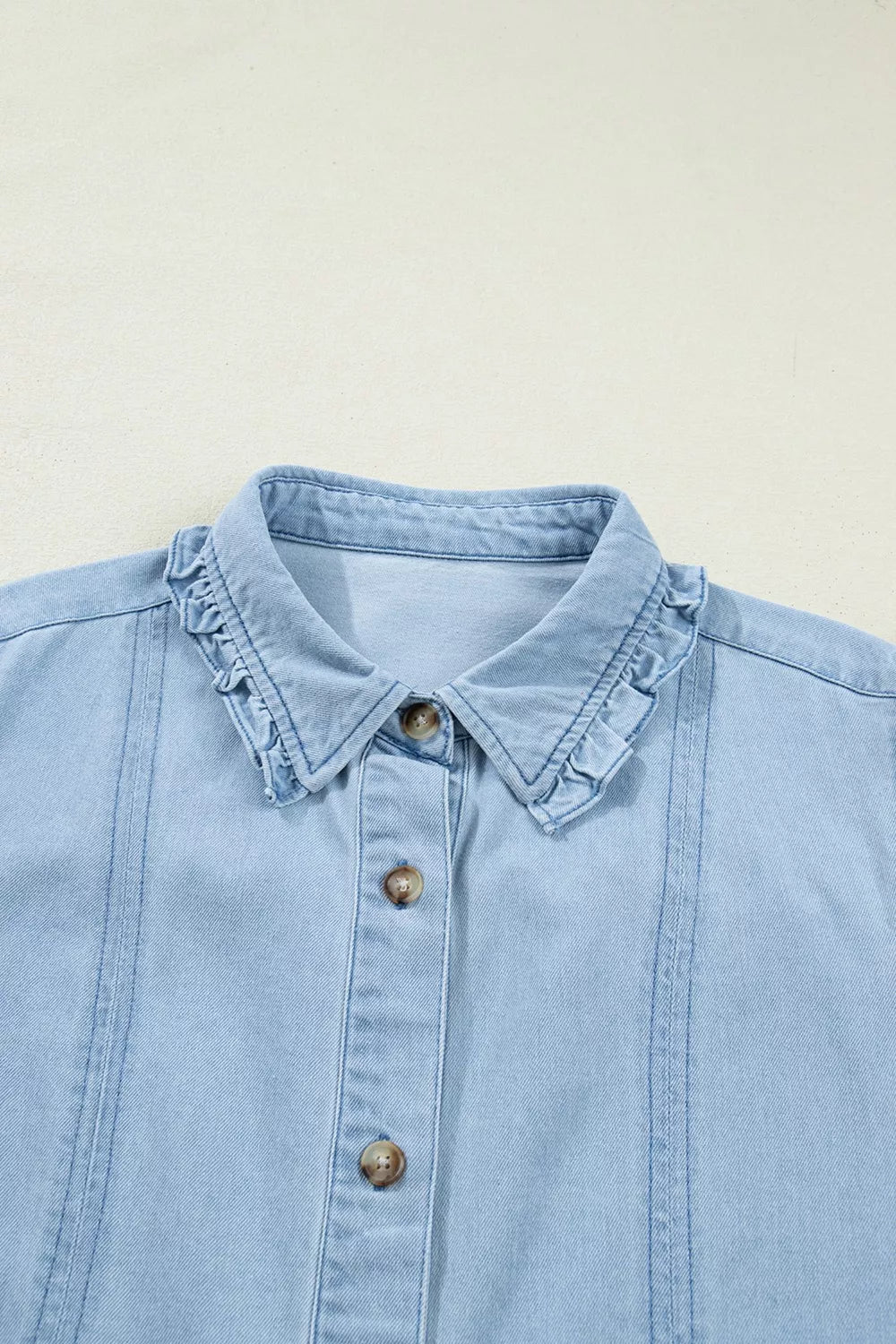 Ruffled Edge Collared Shift Denim Dress with Pockets - Lilixa.store