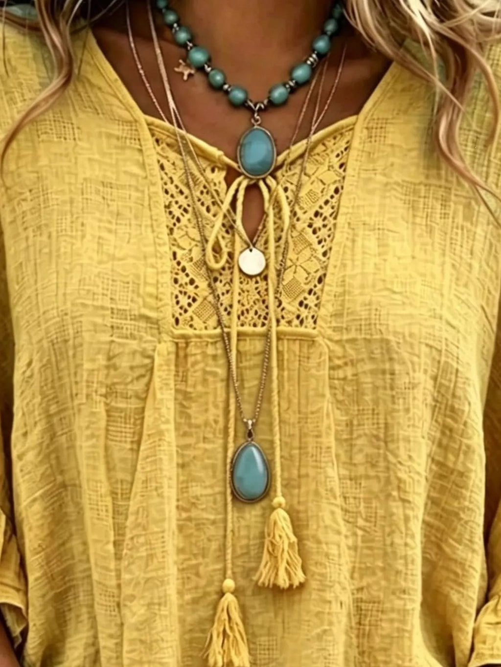 Full Size Tassel Tie Neck Ruffled Hem Blouse Plus Size - Lilixa.store