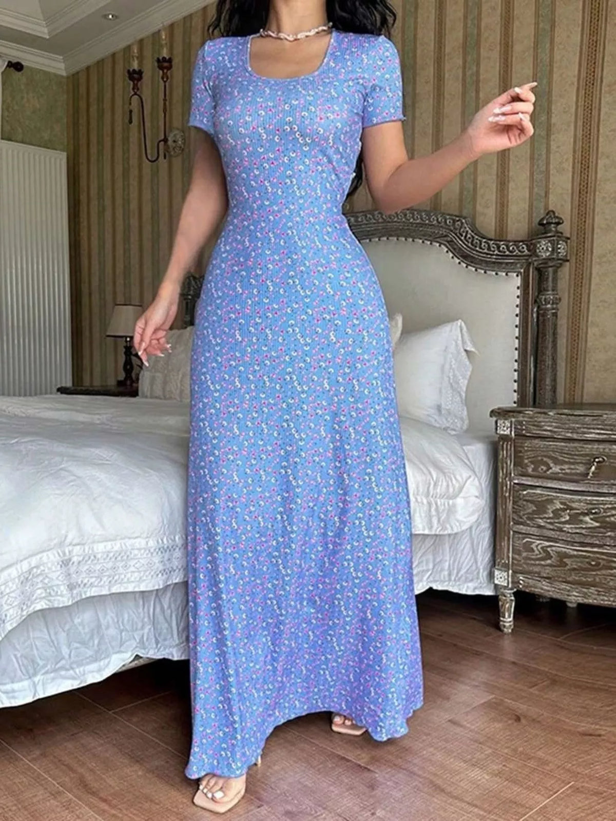 Floral Print Short Sleeve Maxi Dress - Lilixa.store