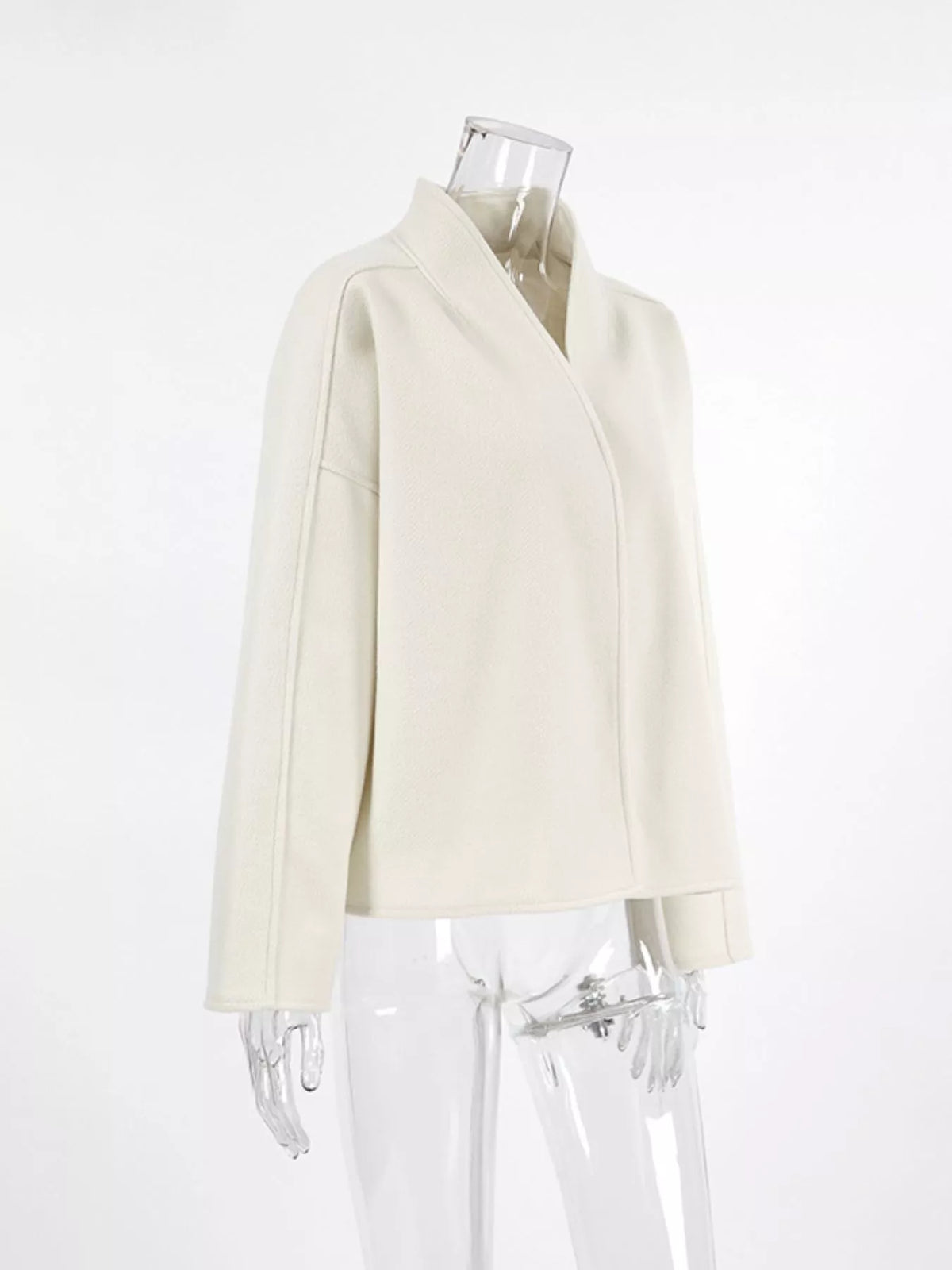 Elegant Stand Collar Open Front Outerwear in White, view 7